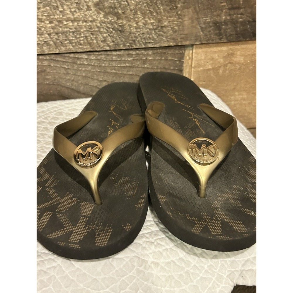 Michael Kors Womens PVC Eva Sole Gold Black Flip‎ Flops Sandals Size 11